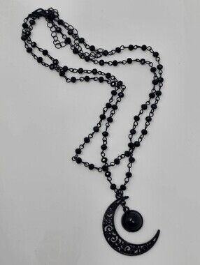 Black Moon Pendant Necklace with Beaded Chain